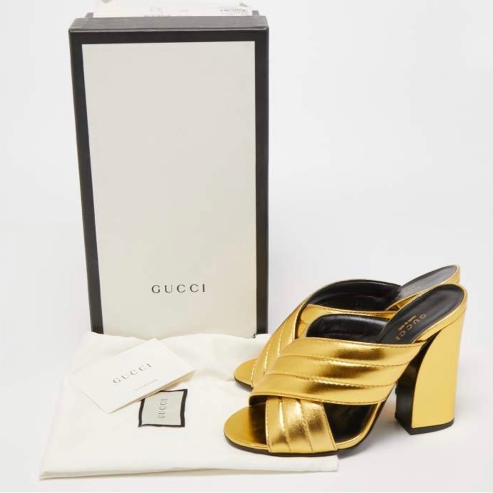 Authentic GUCCI Gold Leather Webby Cross Strap Stride Sandals
